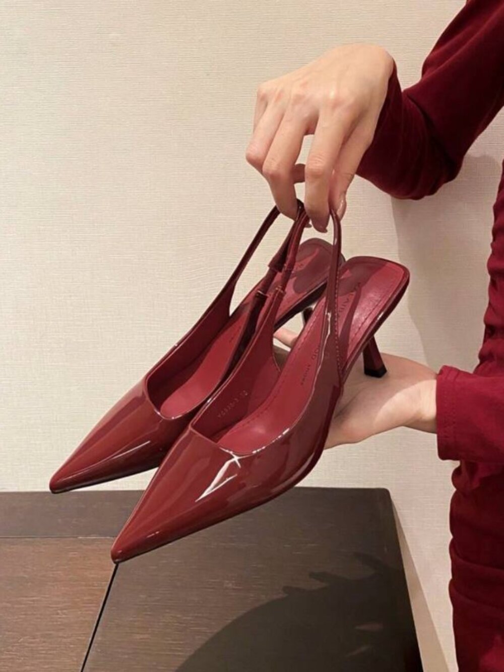 Red Wine Slingback Kitten Heels - Burgundy Patent Leather Pointed Toe Pumps